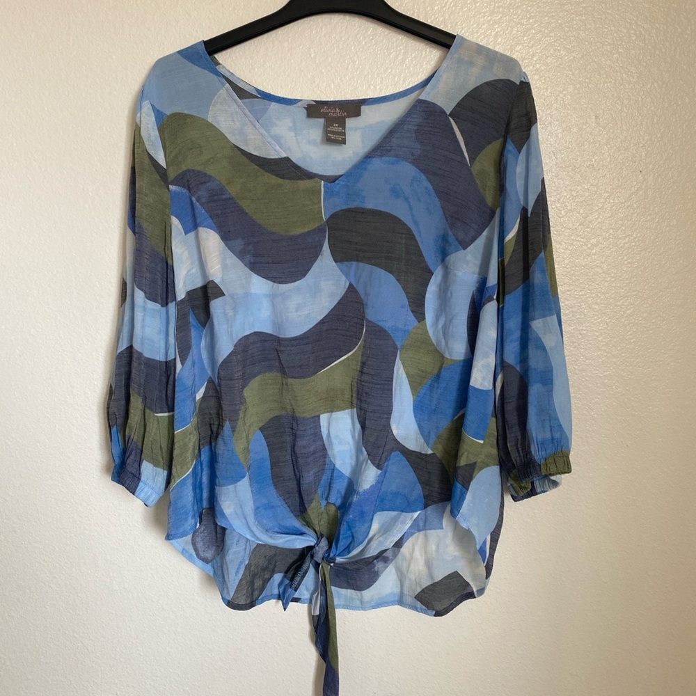 My Tribe Blue Tie Front 3/4 Sleeve Blouse